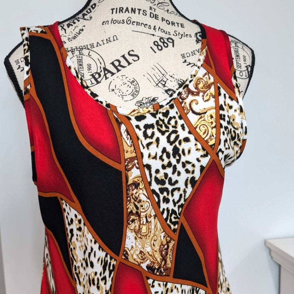 RUBY | Women's Red/Black Color Block Sleeveless Scoop Neck Leopard Maxi Sundress - Picture 2 of 4